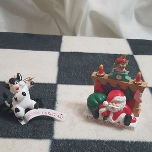 Vintage 90s Cow and Santa Christmas Ornaments set of 2